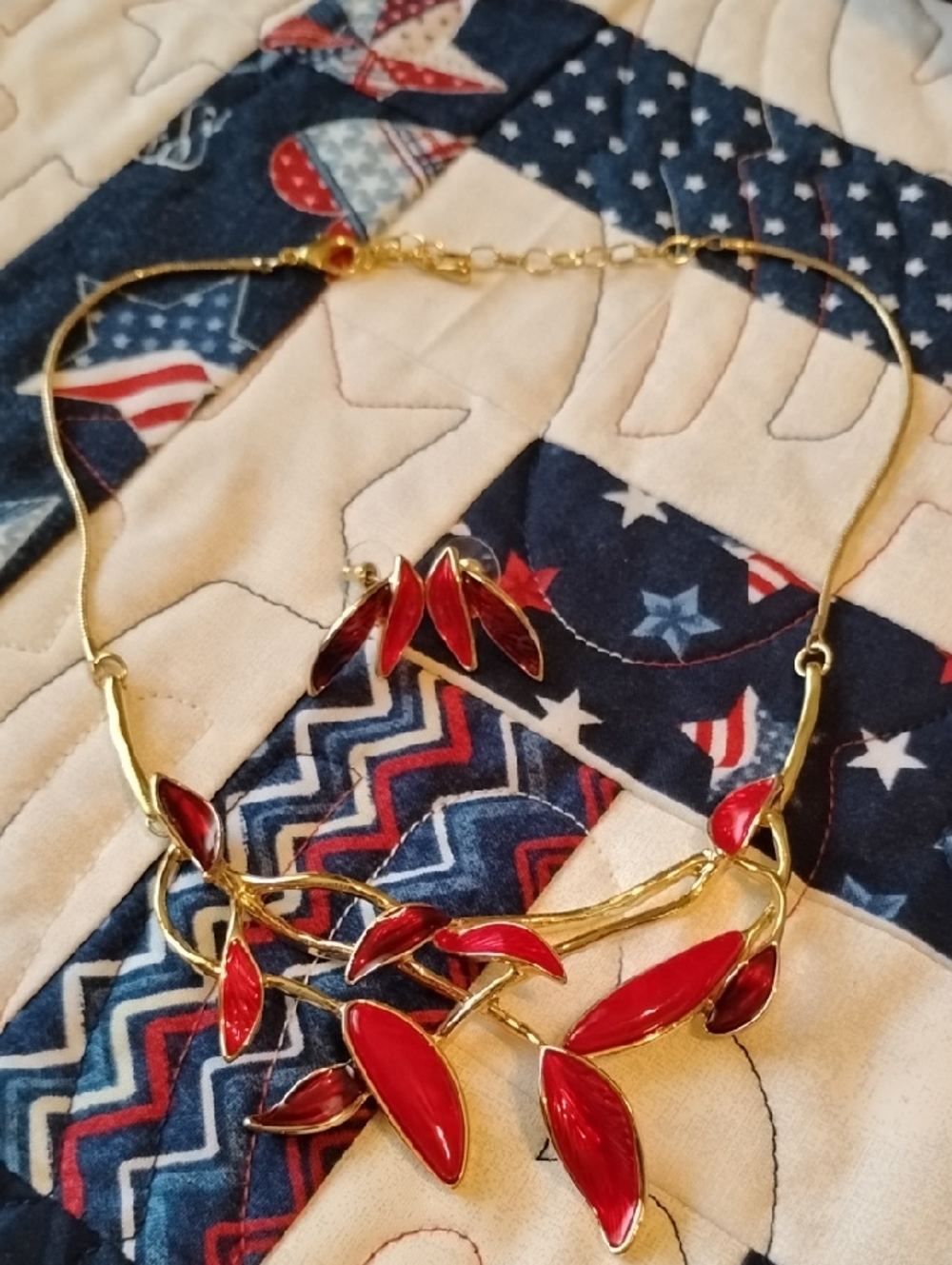 Gold-Tone Red Leaf Necklace and Earring Set